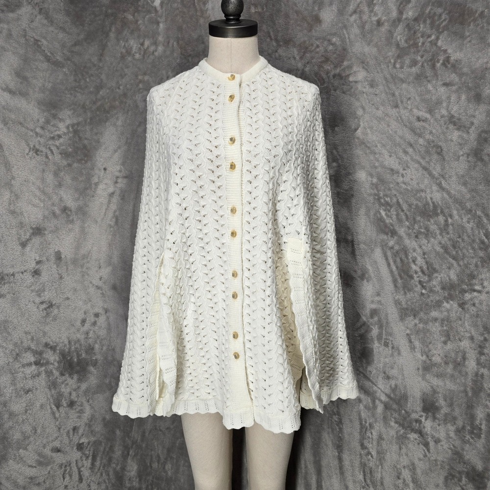 Vintage Knit Cape Sweater Shawl Women White Button Cottagecore Victorian Poncho